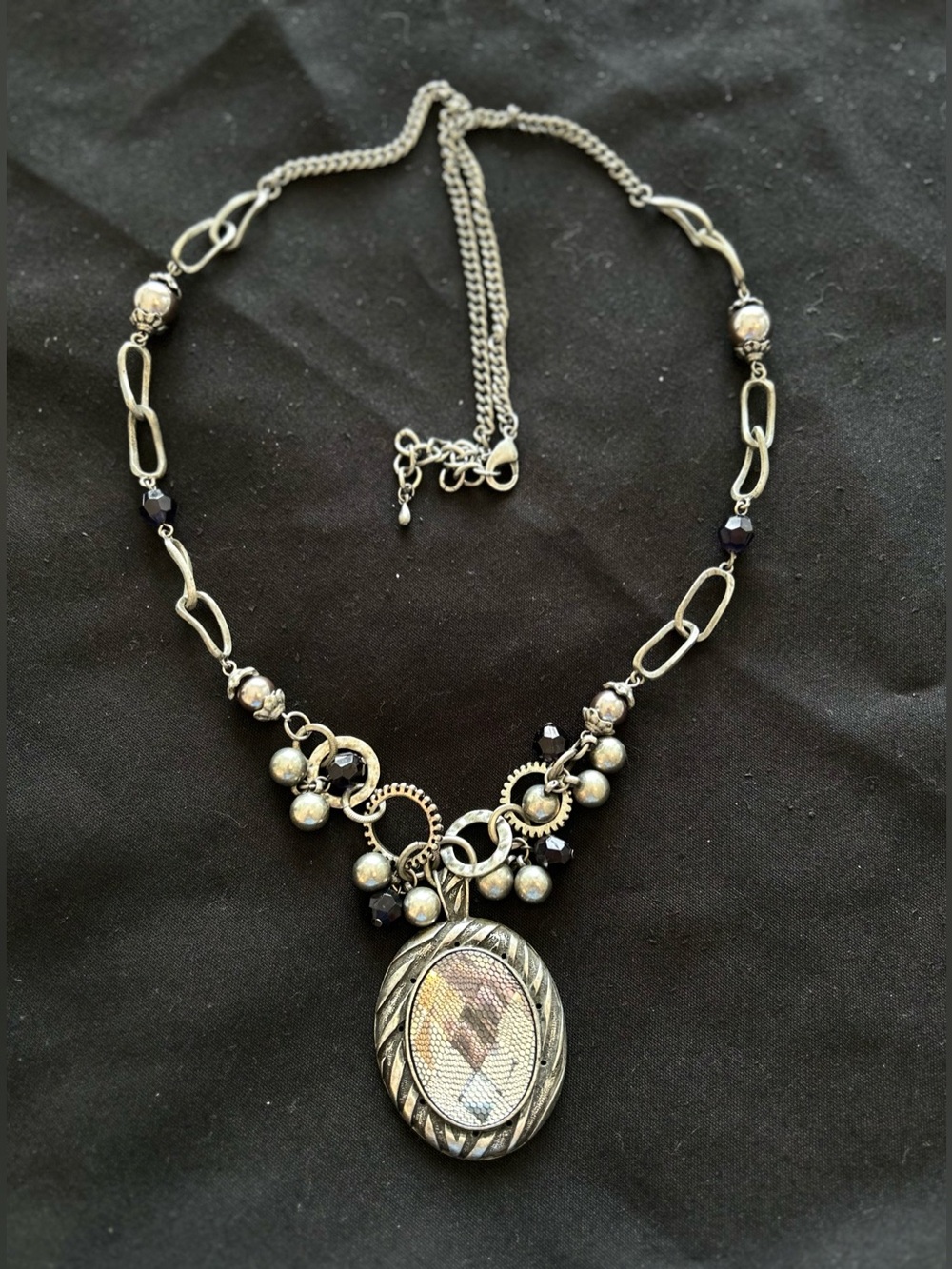 Silver-Tone Oval Pendant Necklace with Black Beads